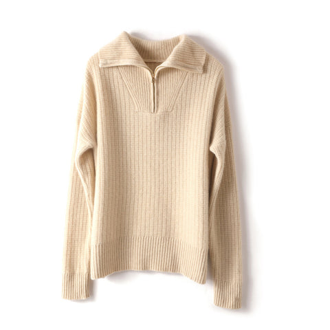 Women's 100% Pure Cashmere Sweater Half Turtleneck Autumn and Winter Zip Half Open Collar Warm Cashmere Sweater