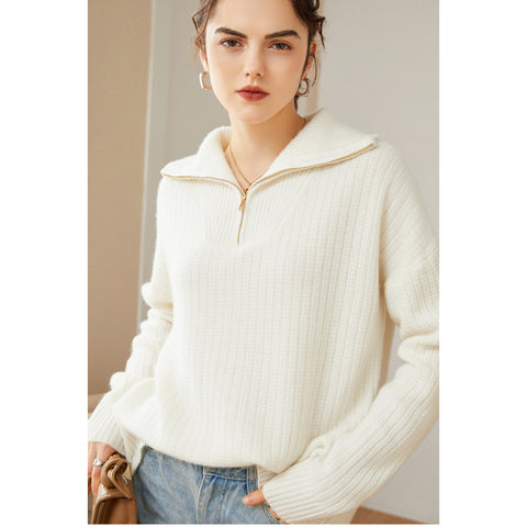 Women's 100% Pure Cashmere Sweater Half Turtleneck Autumn and Winter Zip Half Open Collar Warm Cashmere Sweater