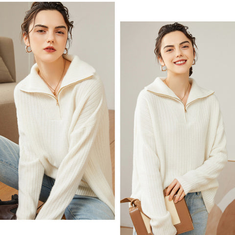 Women's 100% Pure Cashmere Sweater Half Turtleneck Autumn and Winter Zip Half Open Collar Warm Cashmere Sweater