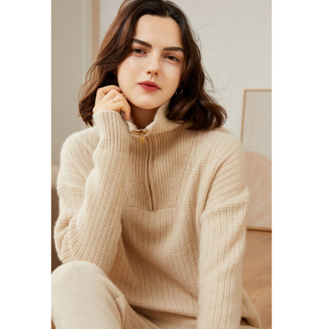 Women's 100% Pure Cashmere Sweater Half Turtleneck Autumn and Winter Zip Half Open Collar Warm Cashmere Sweater