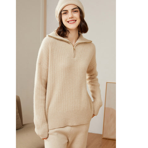 Women's 100% Pure Cashmere Sweater Half Turtleneck Autumn and Winter Zip Half Open Collar Warm Cashmere Sweater