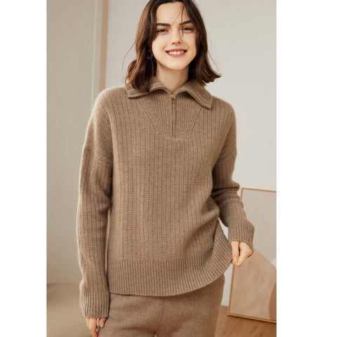 Women's 100% Pure Cashmere Sweater Half Turtleneck Autumn and Winter Zip Half Open Collar Warm Cashmere Sweater