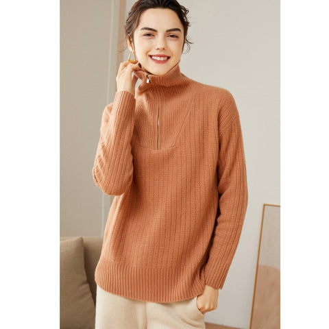 Women's 100% Pure Cashmere Sweater Half Turtleneck Autumn and Winter Zip Half Open Collar Warm Cashmere Sweater