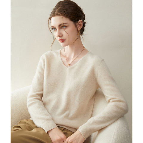 Women’s 100% Cashmere Soft Minimalist V-Neck Knit Pullover Sweater