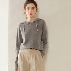 Women’s 100% Cashmere Knit Fit Pullover Sweater Knit Hoodie with Drawstring