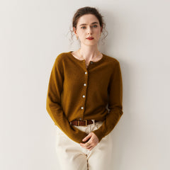 100% Cashmere Crew Neck Button Front Cardigan Fine Knit Ribbed Hem Sweater