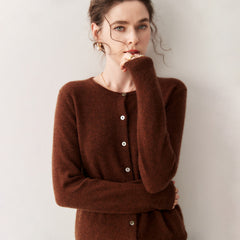100% Cashmere Crew Neck Button Front Cardigan Fine Knit Ribbed Hem Sweater