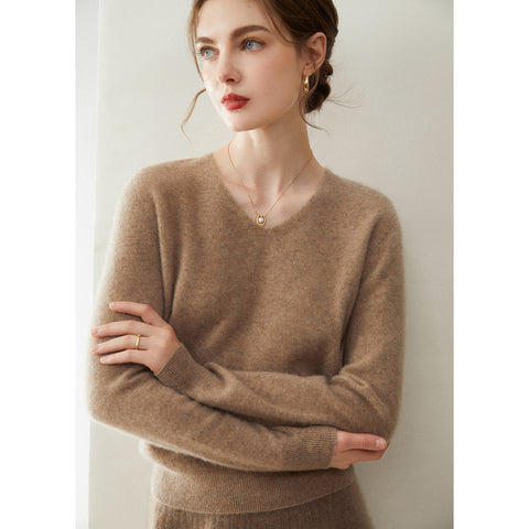 Women’s 100% Cashmere Soft Minimalist V-Neck Knit Pullover Sweater