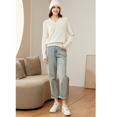 Women’s 100% Cashmere V-Neck Loose Pullover Knit Sweater