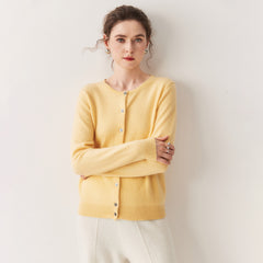 100% Cashmere Crew Neck Button Front Cardigan Fine Knit Ribbed Hem Sweater
