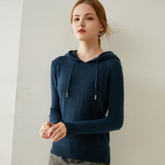 Women’s 100% Cashmere Knit Fit Pullover Sweater Knit Hoodie with Drawstring