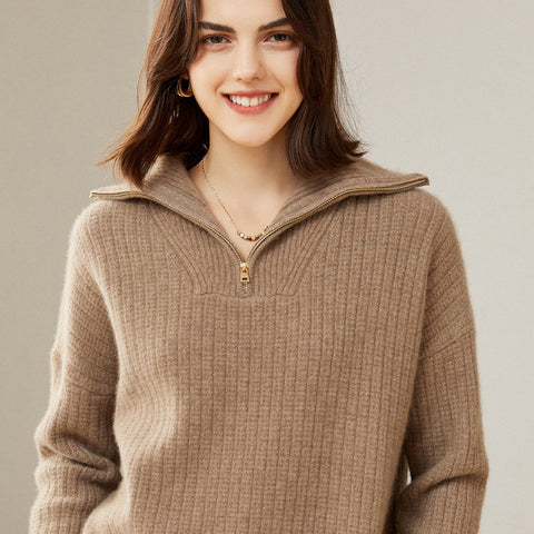 Women's 100% Pure Cashmere Sweater Half Turtleneck Autumn and Winter Zip Half Open Collar Warm Cashmere Sweater