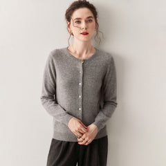 100% Cashmere Crew Neck Button Front Cardigan Fine Knit Ribbed Hem Sweater