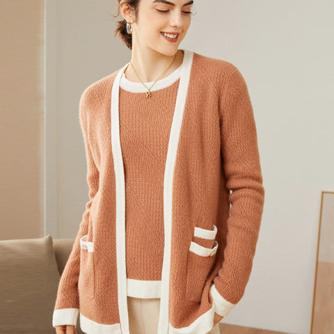 100% Pure Women Cashmere Cardigan Mixed Colorblock Long Sleeve Open Front Cashmere Cardigan