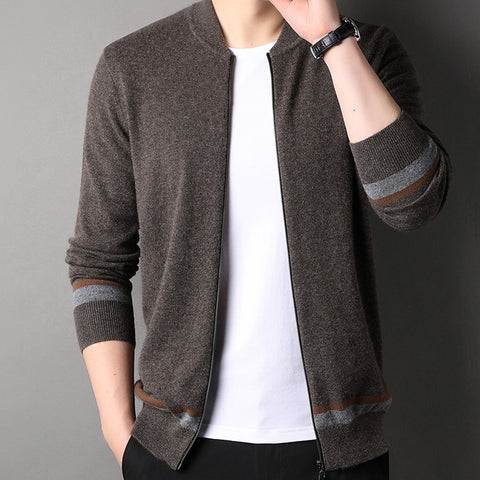 Men's 100% Pure Cashmere Cardigan Zip Up Long Sleeve Stand Collar Cashmere Cardigan