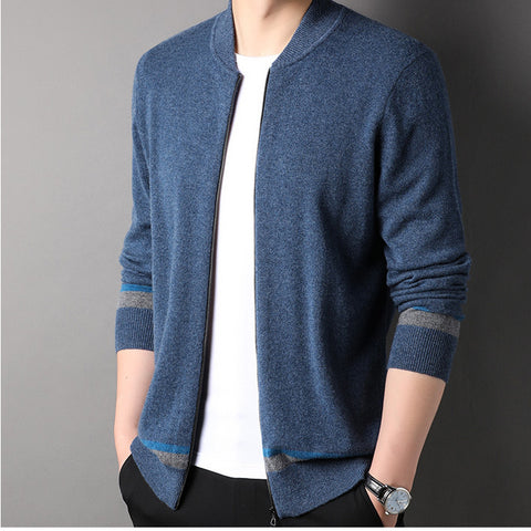 Men's 100% Pure Cashmere Cardigan Zip Up Long Sleeve Stand Collar Cashmere Cardigan