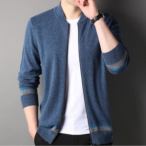 Men's 100% Pure Cashmere Cardigan Zip Up Long Sleeve Stand Collar Cashmere Cardigan