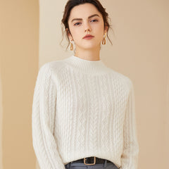 Women's Cable-Knit Winter Mock Neck Warm Cashmere Sweater