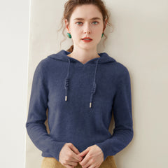 Women’s 100% Cashmere Knit Fit Pullover Sweater Knit Hoodie with Drawstring