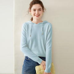 Women’s 100% Cashmere Knit Fit Pullover Sweater Knit Hoodie with Drawstring