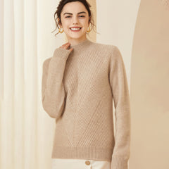 Mock Neck Geometric Knit Design Warm Cashmere Ribbed Sweater