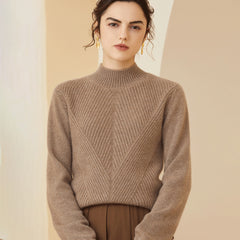 Mock Neck Geometric Knit Design Warm Cashmere Ribbed Sweater