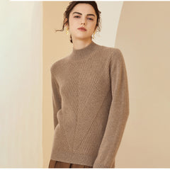Mock Neck Geometric Knit Design Warm Cashmere Ribbed Sweater