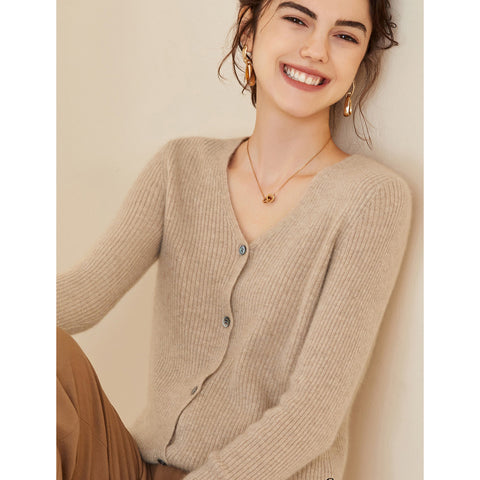 V neck Women Cashmere Cardigan Button Front Long Sleeve Cashmere Cardigan