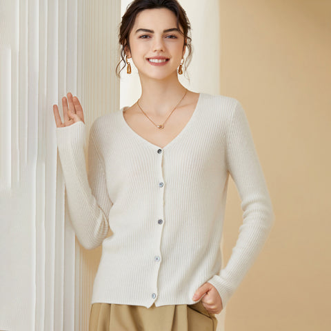 V neck Women Cashmere Cardigan Button Front Long Sleeve Cashmere Cardigan