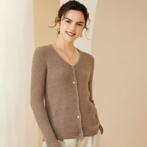 V neck Women Cashmere Cardigan Button Front Long Sleeve Cashmere Cardigan