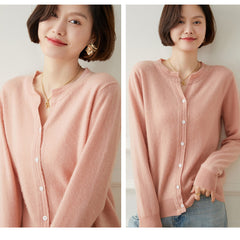 Button Front Soft Knit Essential Crew Neck Tops Cashmere Cardigan