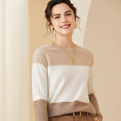 Women's Soft Knit Crewneck  Mixed Color-Block Cashmere Sweater