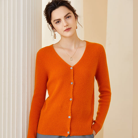 V neck Women Cashmere Cardigan Button Front Long Sleeve Cashmere Cardigan