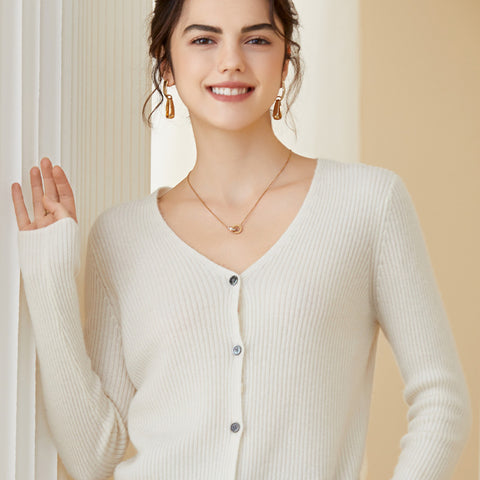 V neck Women Cashmere Cardigan Button Front Long Sleeve Cashmere Cardigan