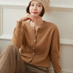 Button Front Soft Knit Essential Crew Neck Tops Cashmere Cardigan