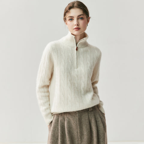 100% Cashmere Half-Zip Turtleneck Sweater Ribbed Knit Pullover with High Collar