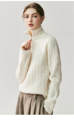 100% Cashmere Half-Zip Turtleneck Sweater Ribbed Knit Pullover with High Collar