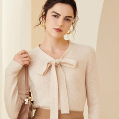 Women V Neck Bow-Tie Elegant Soft Knit Top Cashmere Sweater