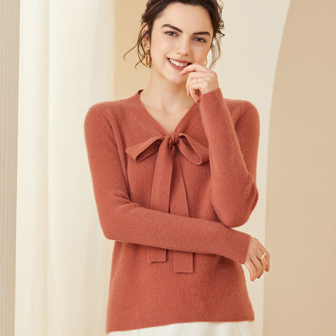 Women V Neck Cashmere Sweater Tie Long Sleeve Pullover Cashmere Sweater