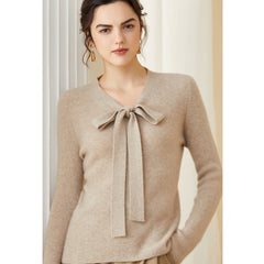 Women V Neck Bow-Tie Elegant Soft Knit Top Cashmere Sweater