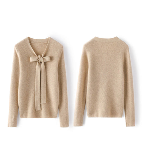 Women V Neck Cashmere Sweater Tie Long Sleeve Pullover Cashmere Sweater