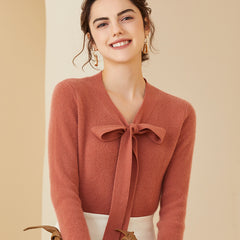 Women V Neck Bow-Tie Elegant Soft Knit Top Cashmere Sweater