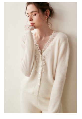 100% Cashmere Lace Trim V-Neck Button Front Cardigan Soft Knit Sweater Top
