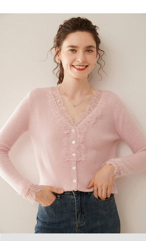 100% Cashmere Lace Trim V-Neck Button Front Cardigan Soft Knit Sweater Top