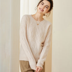 Women's Cashmere Textured Knit Soft Crewneck Pullover Sweater