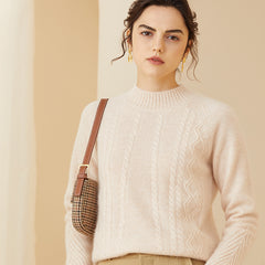 Women's Mock Neck Classic Cable Knit Pullover Cashmere Sweater