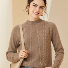 Women's Mock Neck Classic Cable Knit Pullover Cashmere Sweater