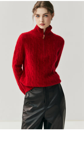 100% Cashmere Half-Zip Turtleneck Sweater Ribbed Knit Pullover with High Collar