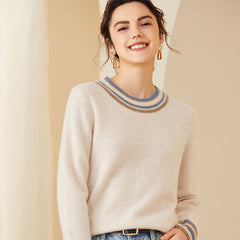 Women's Crewneck Cashmere Sweater with Contrast Stripe Trim