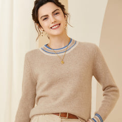 Women's Crewneck Cashmere Sweater with Contrast Stripe Trim